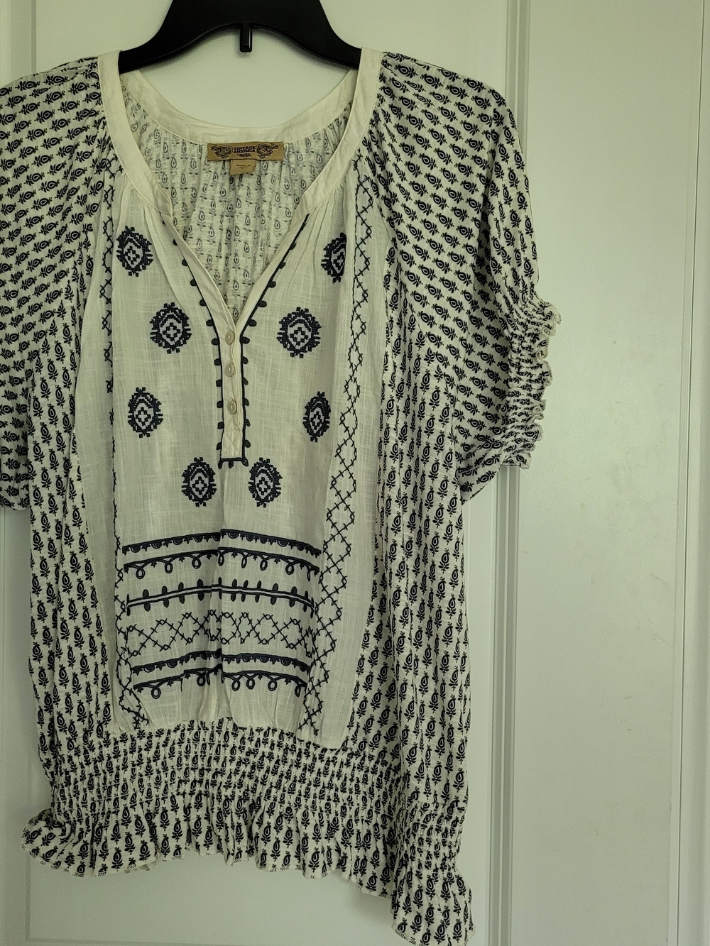 Vintage America White Tunic Top with Black Geometric Embroidery